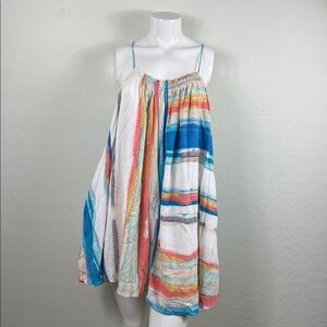 Free People Painted Stripe Rainbow Babydoll Trapeze Mini Dress Size L Ivory Boho